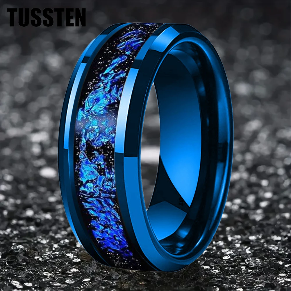 TUSSTEN 6/8MM Tungsten Ring for Men Women Blue Foil Inlay Engagement Wedding Band Beveled Polished Shiny Comfortable Fit