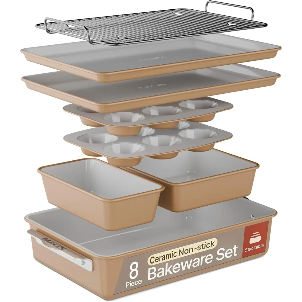 8-Piece Stackable Ceramic Bakeware Set Non-Stick Baking Sheets Pans Cooling Rack Oven Safe PFOA PFOS Free