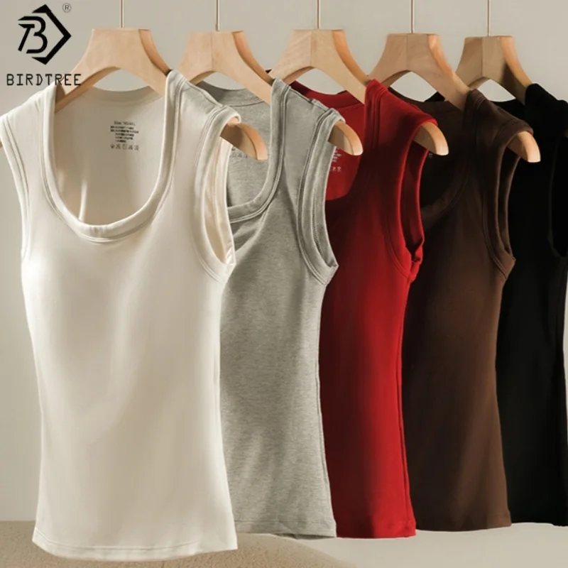 Birdtree, Damen-Tanktop aus Kaschmir-Seidenmischung, mit integrierter BH-Weste, solides ärmelloses Herbst-Shirt, feminine Tank-TopsT5N218JF