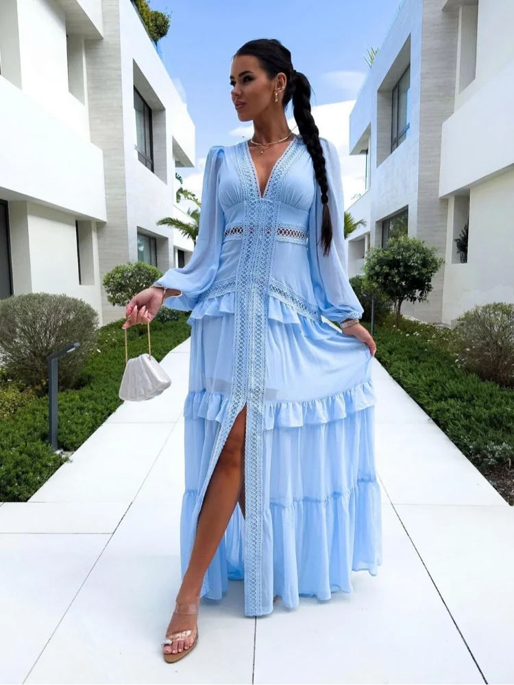 

Women Solid Ruffle Patchwork Maxi Dress Sexy Deep V-neck Lantern Long Sleeve Hollow Out High Waist Dresses Lady Chic Split Robes