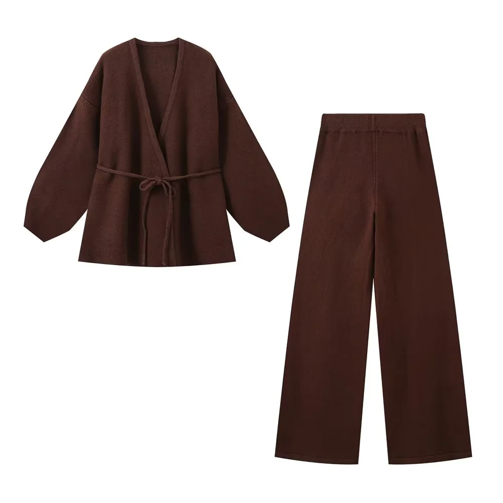 PB&ZA2024 autumn new women\'s clothing lazy style knitted cardigan jacket wide leg pants two-piece set