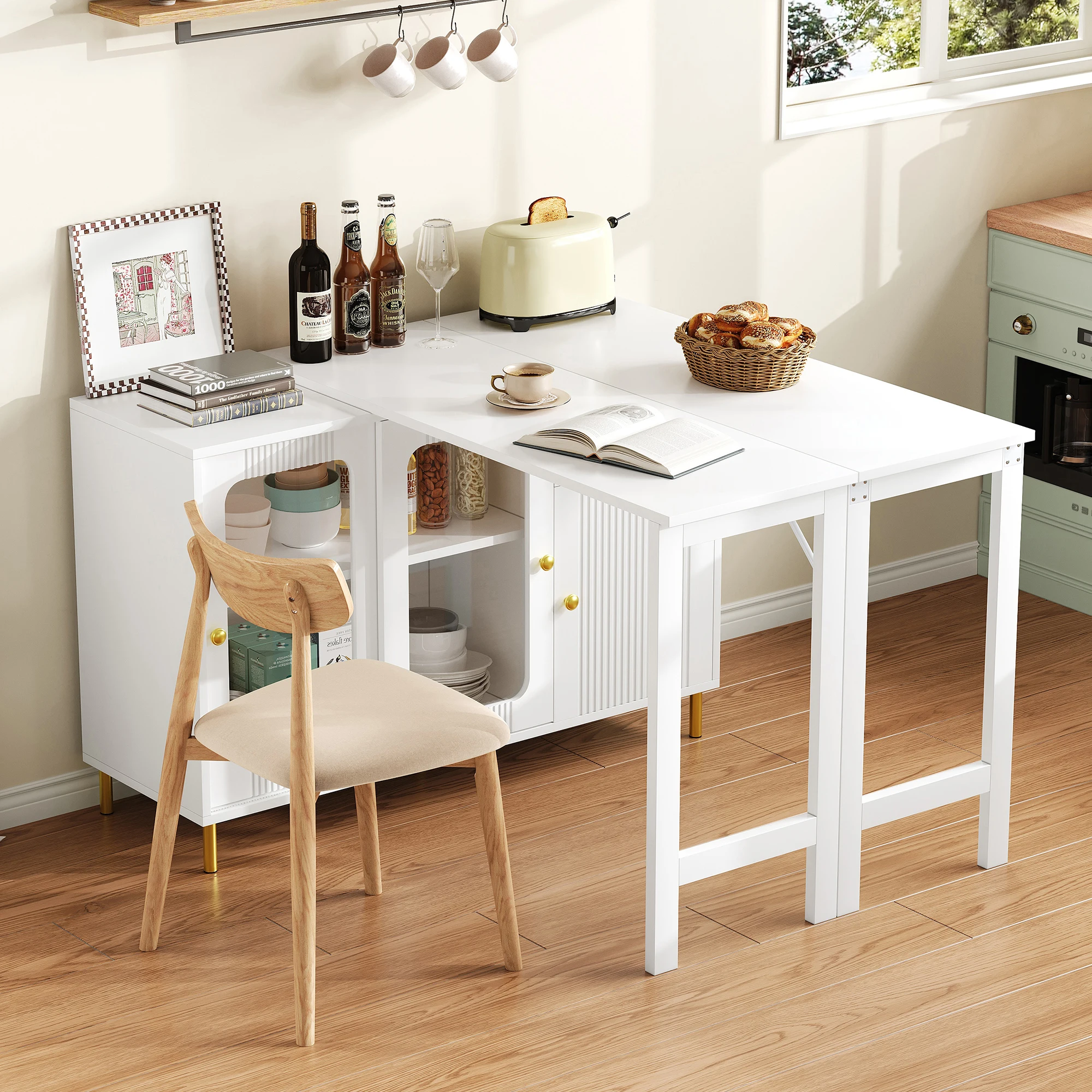 Buffet moderne Blanc-Meuble de rangement avec table intégrée et portes coulissantes en verre, pieds en métal doré