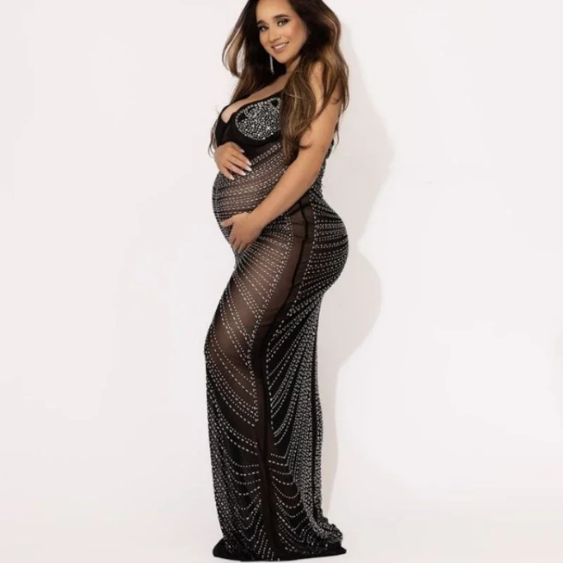 Sexy Sling Maternity Photography Dress Baby Shower Gown Shiny Rhinestone Bodysuit Pregnant Woman Photo Shoot Props