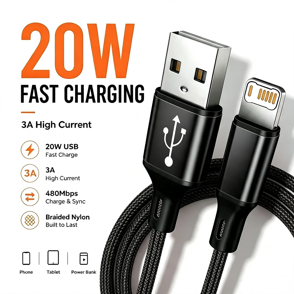 3PCS 20W USB Fast Charging Nylon Braided Cable For iPhone 11 12 13 14 Pro Max X XR XS Max SE Quick Charge USB-A Data Sync Cables