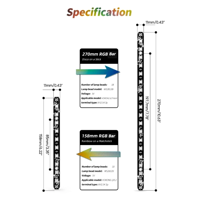 แถบแสง RGB สำหรับ VORON 0.1/0.2/2.4 หลอดไฟ LED บาร์ไฟ Daylight 158mm/270mm