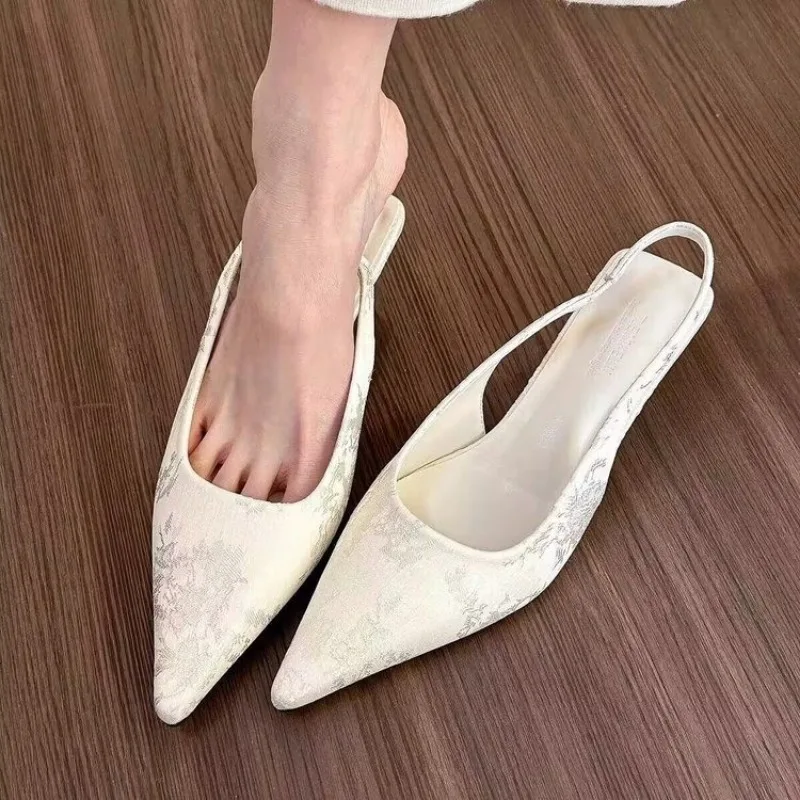 

Elegant High Heels Silver Pumps Women Summer Slingbacks Pointed Toe Party Shoes Woman Solid Thin Heeled Sandals Ladies