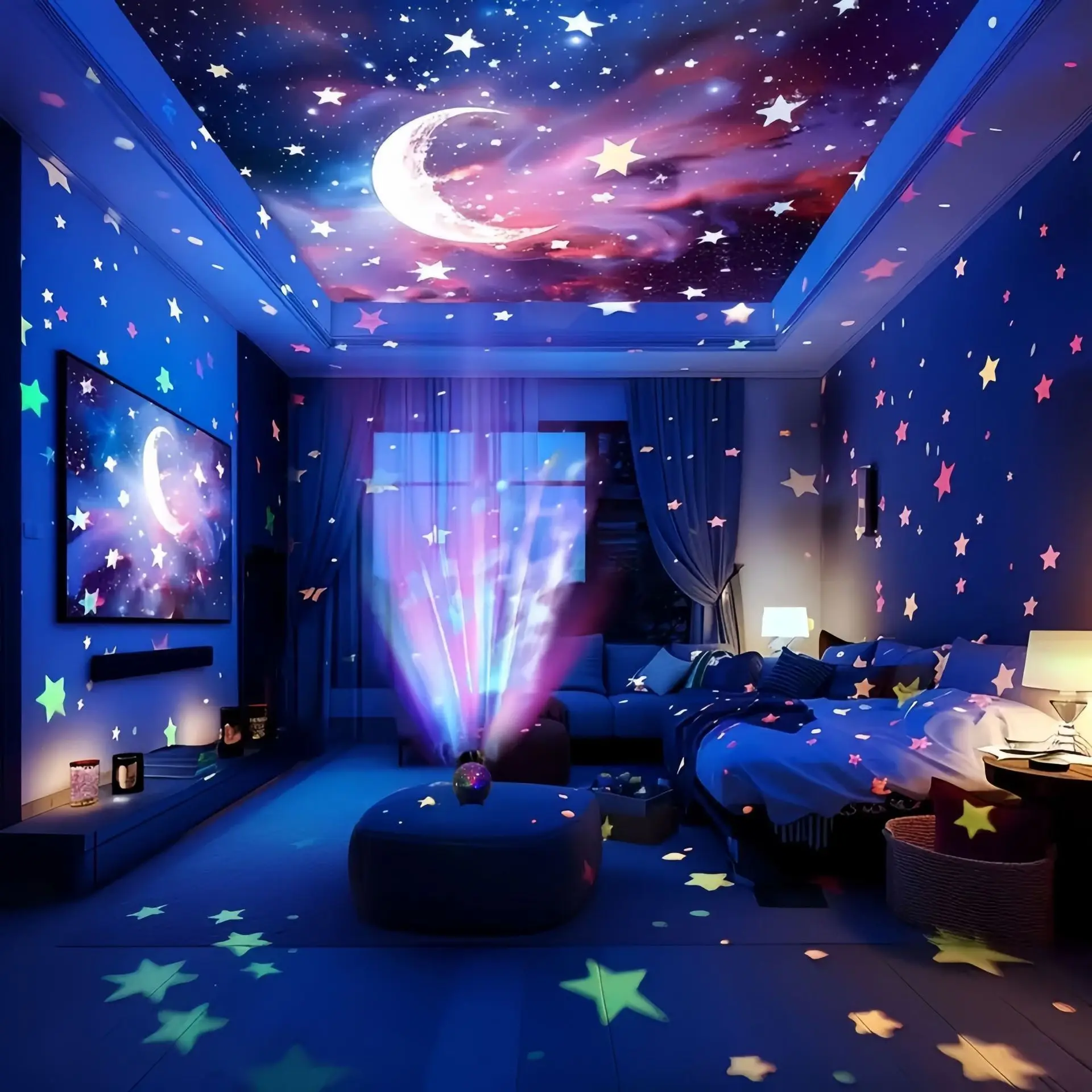 Proyector de luz de cielo estrellado y Luna, 7 modos, luz LED nocturna, luz estroboscópica colorida USB, enchufe USB para decoración de galaxia de fiesta en habitación de niños