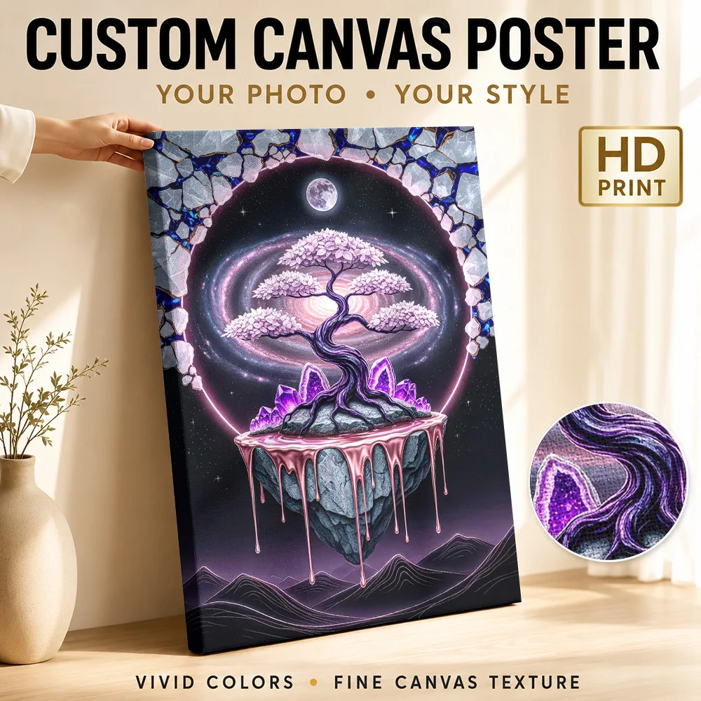 Cosmic Bonsai Tree on Floating Island Framed Canvas Print Poster Customized Botanical Floral Wall Art for Office Hallway Decor