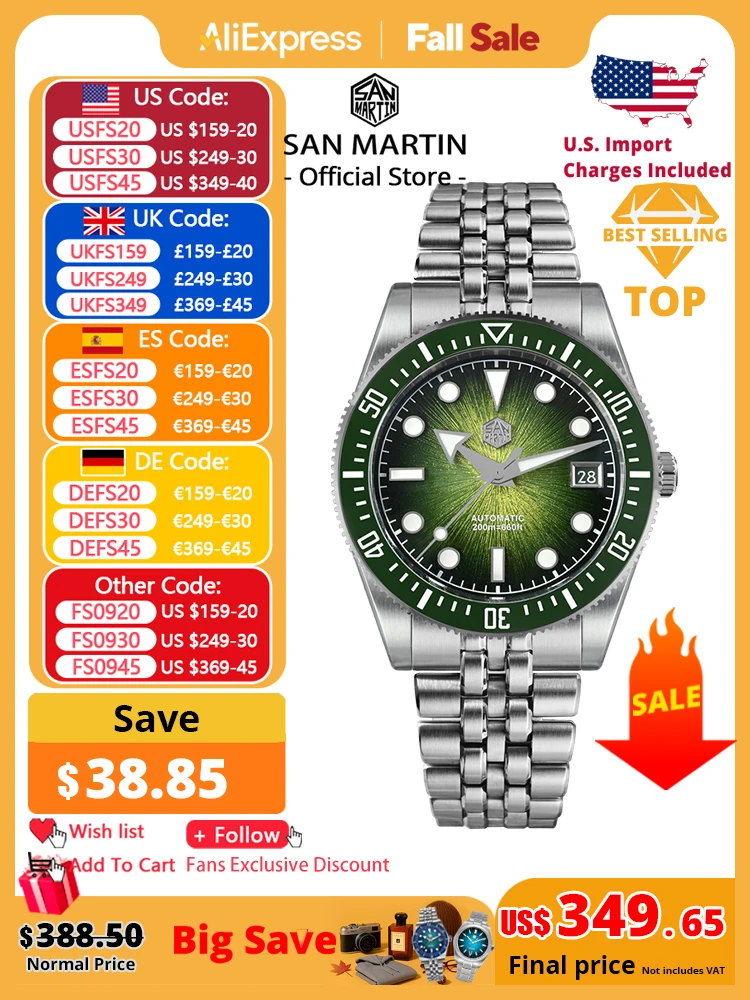 

San Martin 37.5mm Men Diver Watch Miyota 9015 Enamel Sunburst Dial Luxury Automatic Mechanical Watches Waterproof 200m SN0148GX