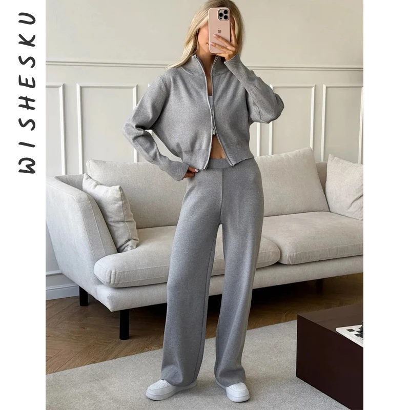 

Two Piece Set Women Knitted Tracksuits Elegant Zipper Long Sleeve Sweater+High Waist Cotton Pants 2025 Fall Winter Clothes