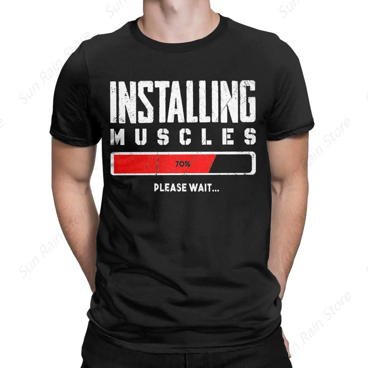 Installing Muscles Please Wait Men's T Shirts Vintage Tee Shirt Short Sleeve Round Collar T-Shirt Pure Cotton Big Size Tops