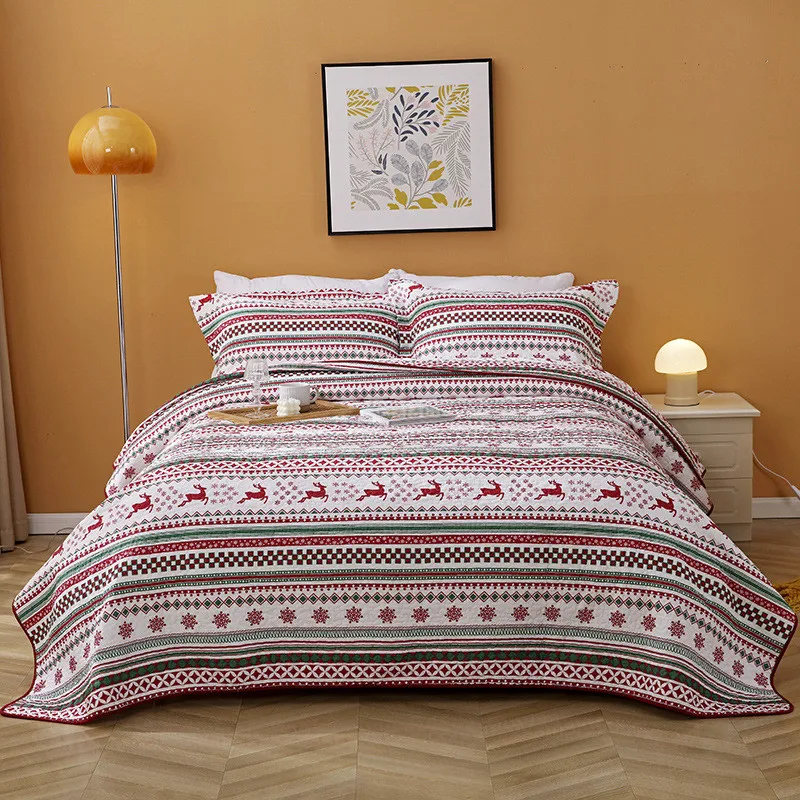 

Christmas Decoration Cotton Quilt Set 3pcs Bedspread on the Bed Linen Quilted Blanket Plaid Coverlet Padded Bed Cover Xmas Decor