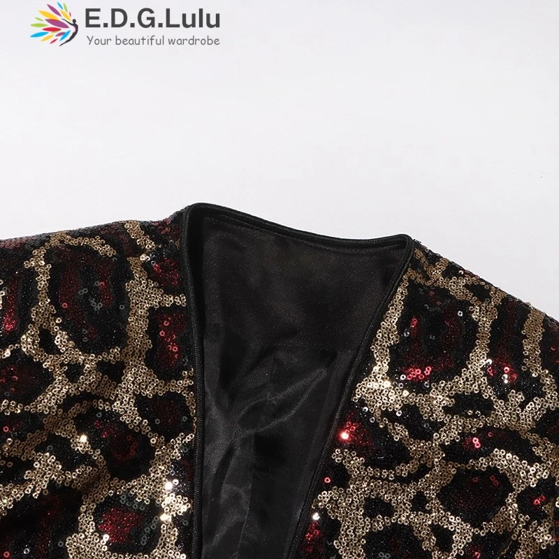 EDGLuLu 2025 Jaket Setelan Gambar Macan Tutul Payet Glitter Desain Baru Musim Semi untuk Wanita Mantel Blazer Lengan Panjang Kerah V 0222