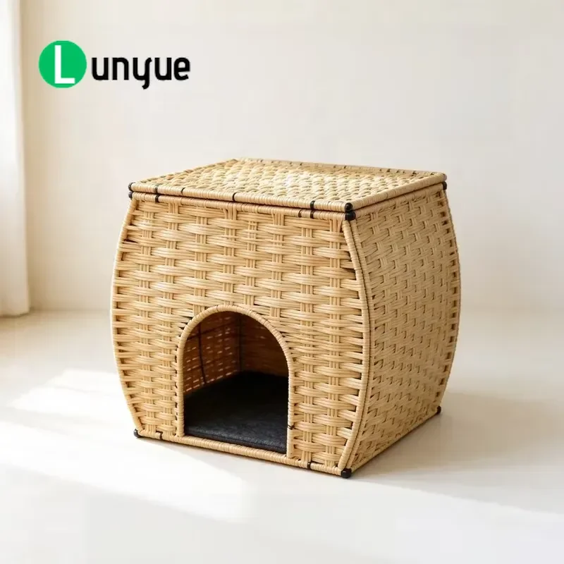 Hand Woven Rattan Cat House Custom Shaped Wicker Cat Bed Breathable Indoor Pet Nest Durable Natural Material Cozy Sleeping