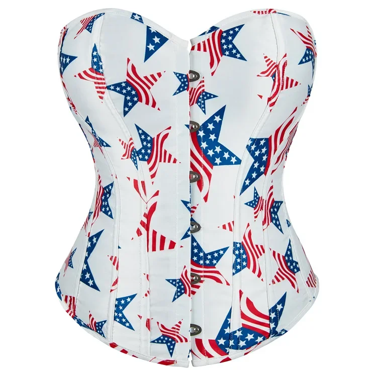 Women Satin Overbust Corset Simple Elegant Brocade Bustier Independence Day American Elements Five Pointed Star Pattern Corset