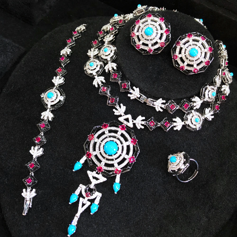 

GODKI New Fashion Turquoise UAE Dubai Bridal Jewelry Set For Women Wedding Party Nigerian African Necklace Earring Set