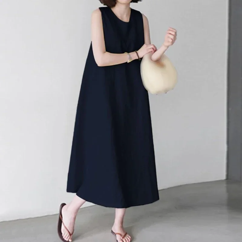 New Comfortable Cotton Linen Solid Color Dress Women Summer Large Size Sleeveless Dressy Female Minimalist Style Long Dress