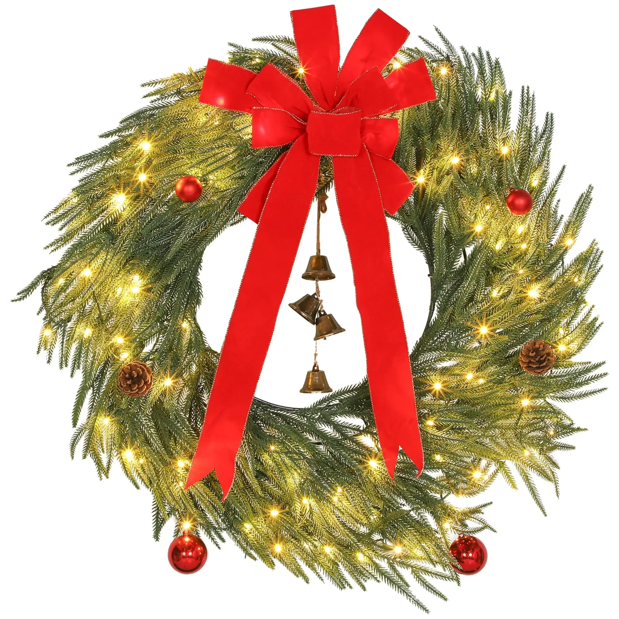 36 Inch Christmas Wreath for Front Door, Prelit, 8 Modes, Green