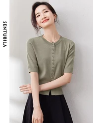 SENTUBILA Women's Elegant Sweater 2024 Autumn Fashion Crew Neck Half Sleeve Knitted Tops Love Buttons Female Knitwear W33H50386