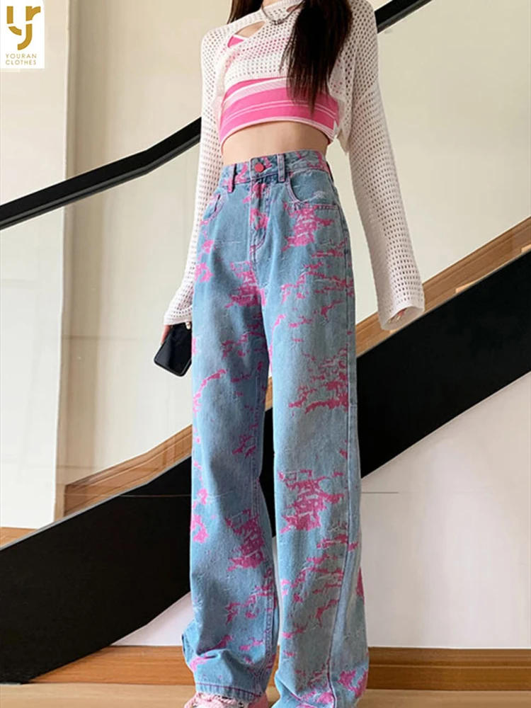 

Fashion Elegant Jeans for Women Flower Print High Waist Pockets Pantalones De Mujer Spring Autumn Casual Loose All Match Pants