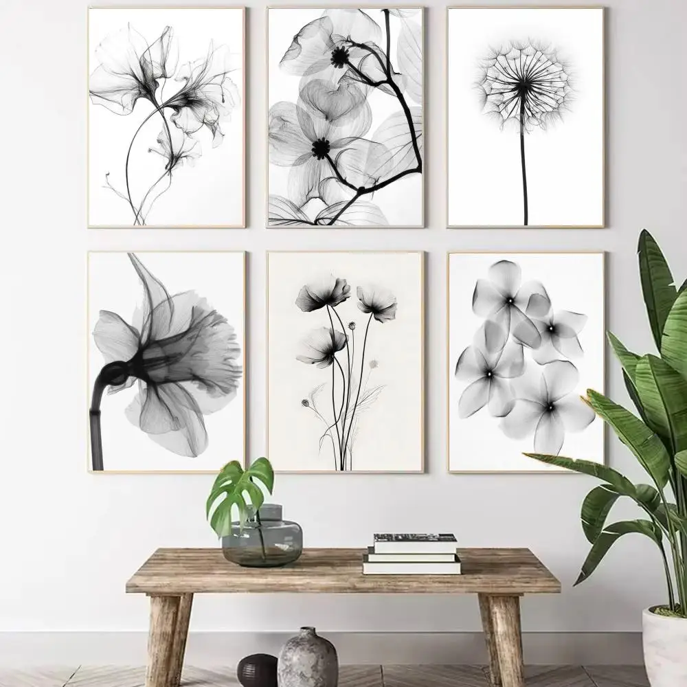 Black and white ink Flowers Painting Calligraphy Canvas Poster Wall Art Aesthetic Home Decoration for Living Room