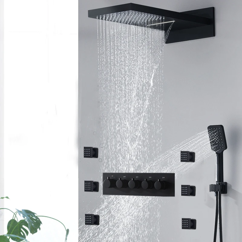 

Matt black Shower Set Wall Mounted Rain and Waterfall Massage Shower System Thermostatic mixer body jet 2 inch massage