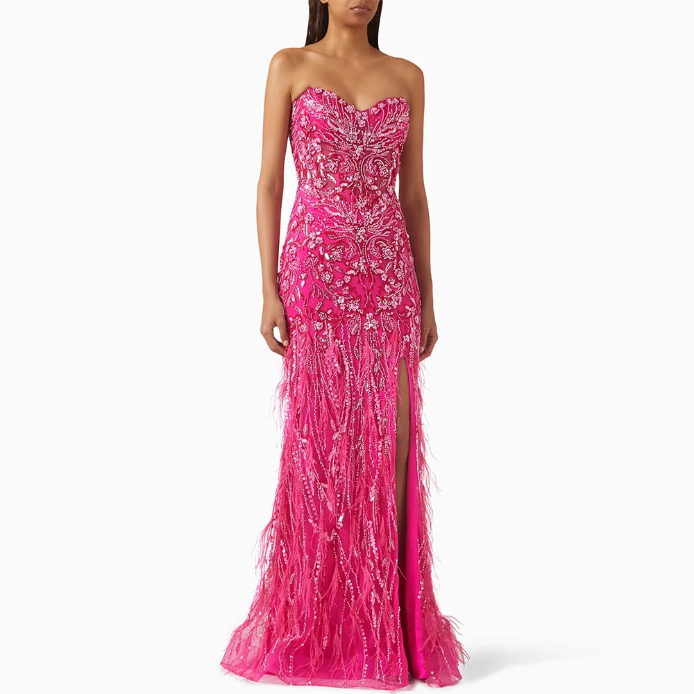 Sparkling Evening Dress Customized Sweetheart Sleeveless See Through Beading Applique Feathers Mermaid Prom Gown