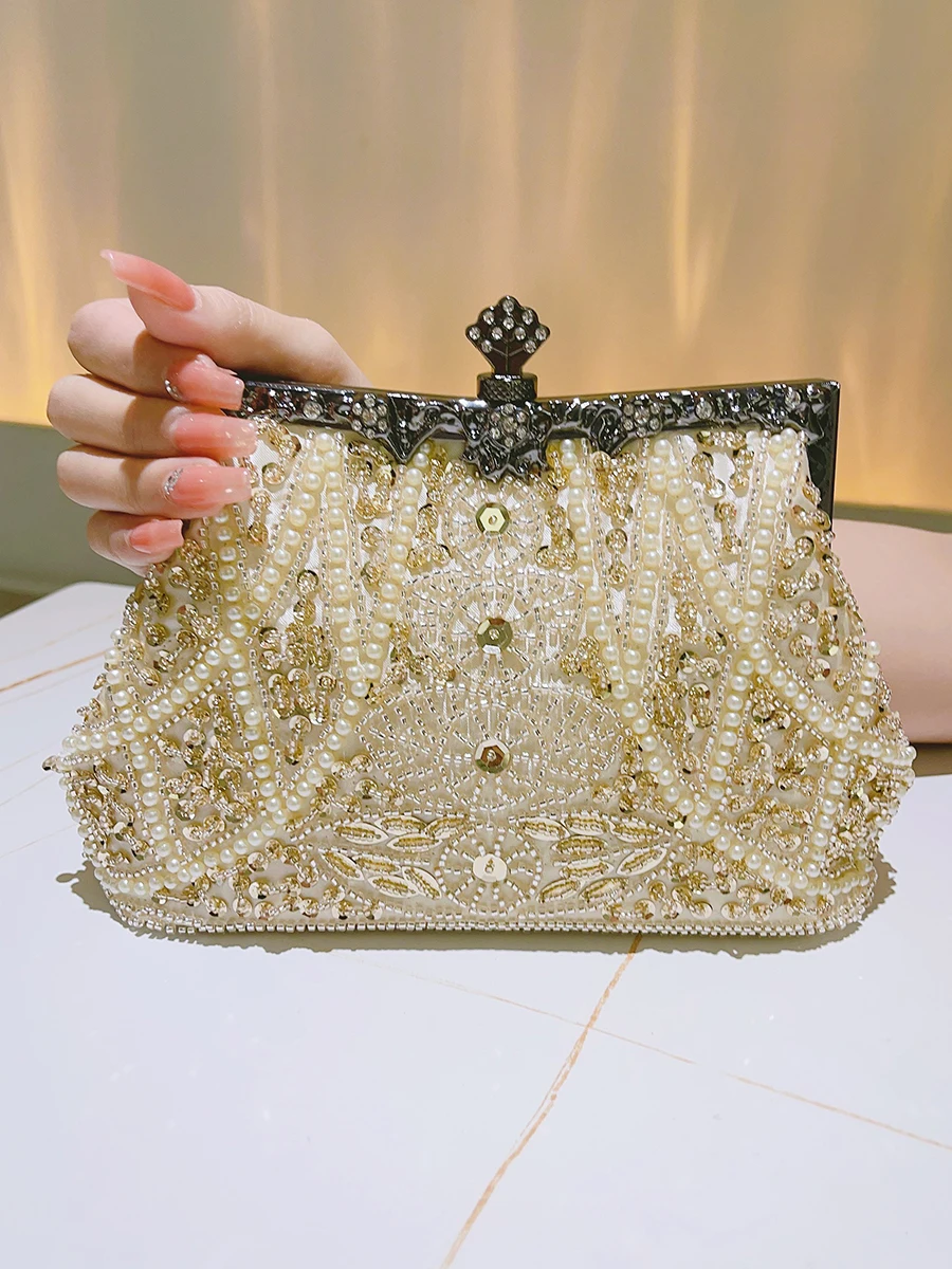 Faux Pearl & Diamond Kiss Lock Clutch Bag Floral Handle Party Bag Metal Chain Cocktail Crossbody Bag