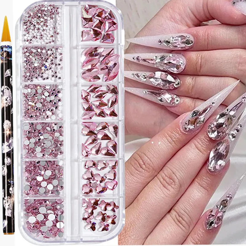 Strass de luxe rose pour nail art, 12 grilles/boîte, 1pc avertir les points, stylo diamant, ensemble de cristaux, 950-1020 pièces, ata xes-taille, pierre rose