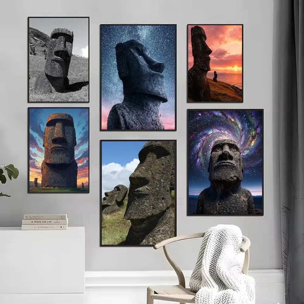Cool Stone Statue Poster Vintage Sunset Galaxy Sky Giant Monolith Rock Head Landscape Wall Art for Bedroom Decor