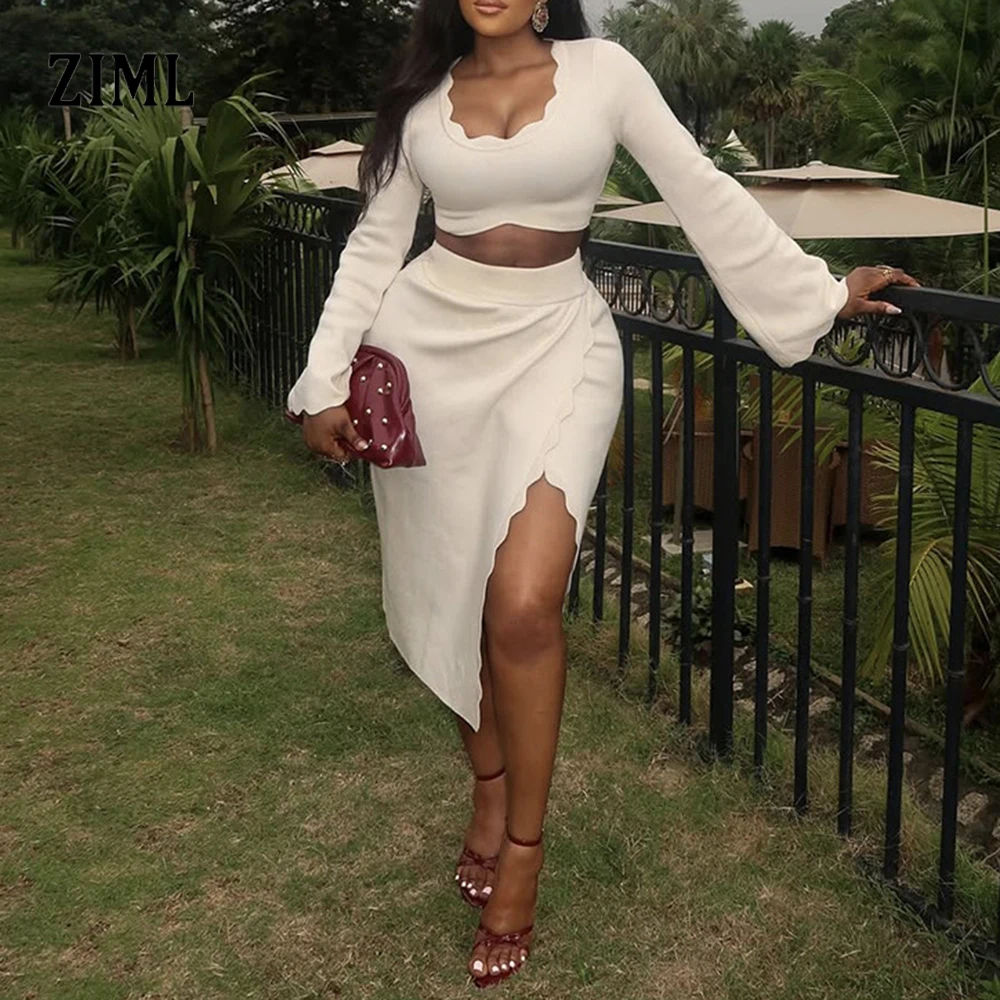 

ZIML Solid Two Piece Sets for Women Rund Neck Long Sleeve Short Tops High Waist Split Skirt Minimalist Set Female Fashion New