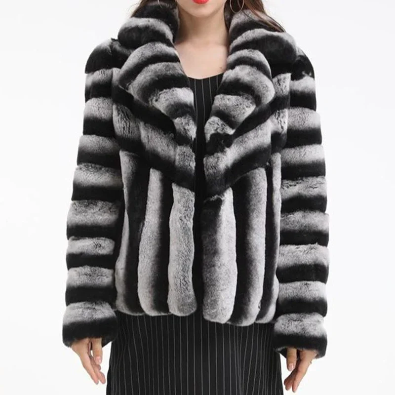 striped Rex rabbit  Jacket lapel chinchilla fur coats for women thick winter warm jacket