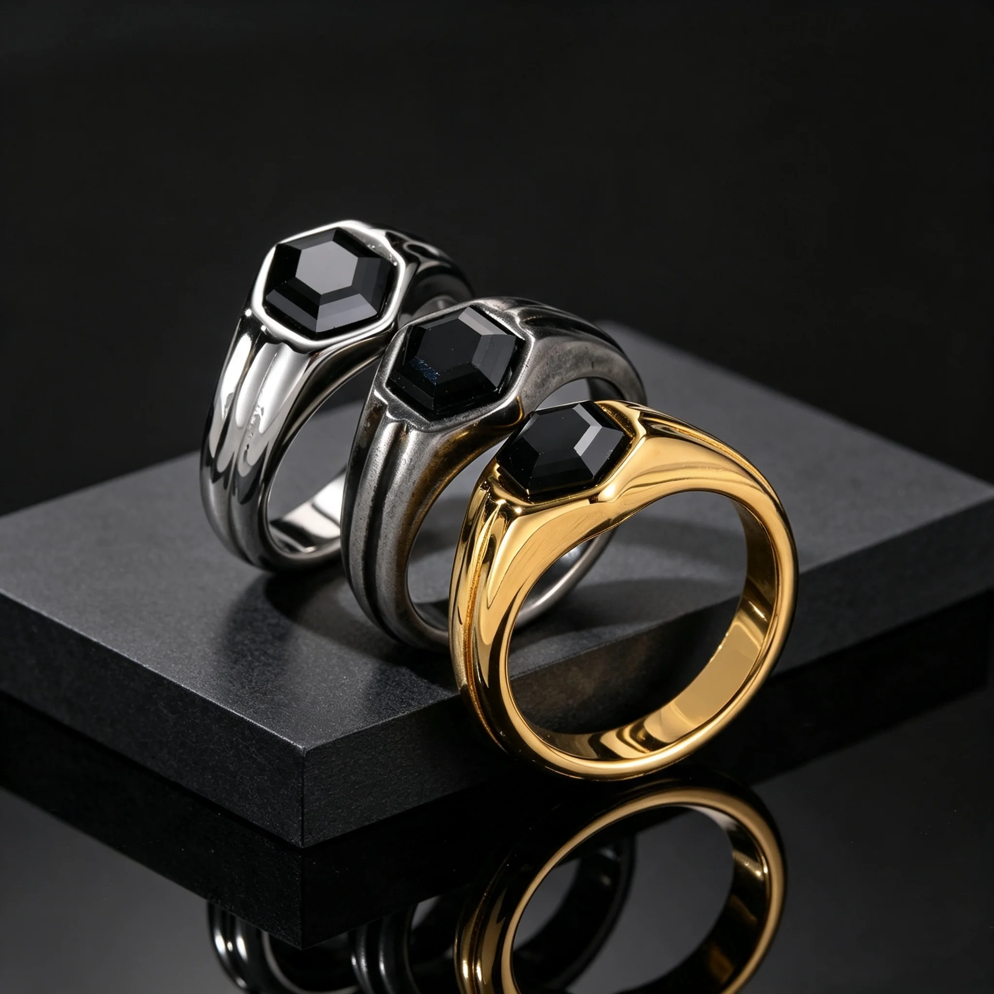 Anillo Geométrico de Circonio Negro para Hombre, Anillos de Pulgar de Acero Inoxidable Impermeables, Joyería de Moda Punk Minimalista para Dedo, Regalo