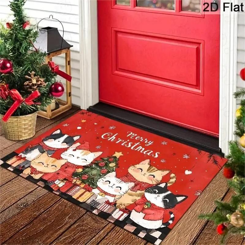 VIKAMA Merry Christmas Cat Door Mat Xmas Sweater Print Welcome Rug Non Slip For Entryway Front Door Indoor Outdoor Holiday Decor