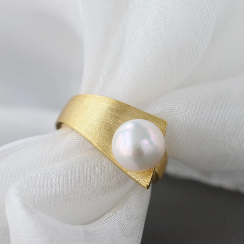 Authentic 925 Sterling Silver Geometric Trapezoid Ring Inlaid Natural Freshwater Pearl 18K Gold Plated Rings Fine Jewelry Gift - Image 4