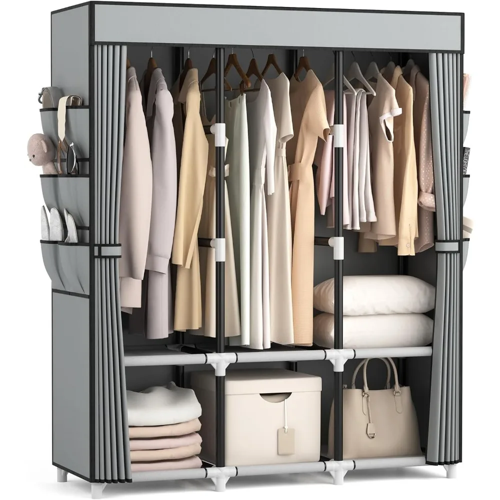 Armoire à vêtements en tissu avec couvercle, 3 tiges de suspension, 6 étagères de rangement et poches latérales, armoire en tissu