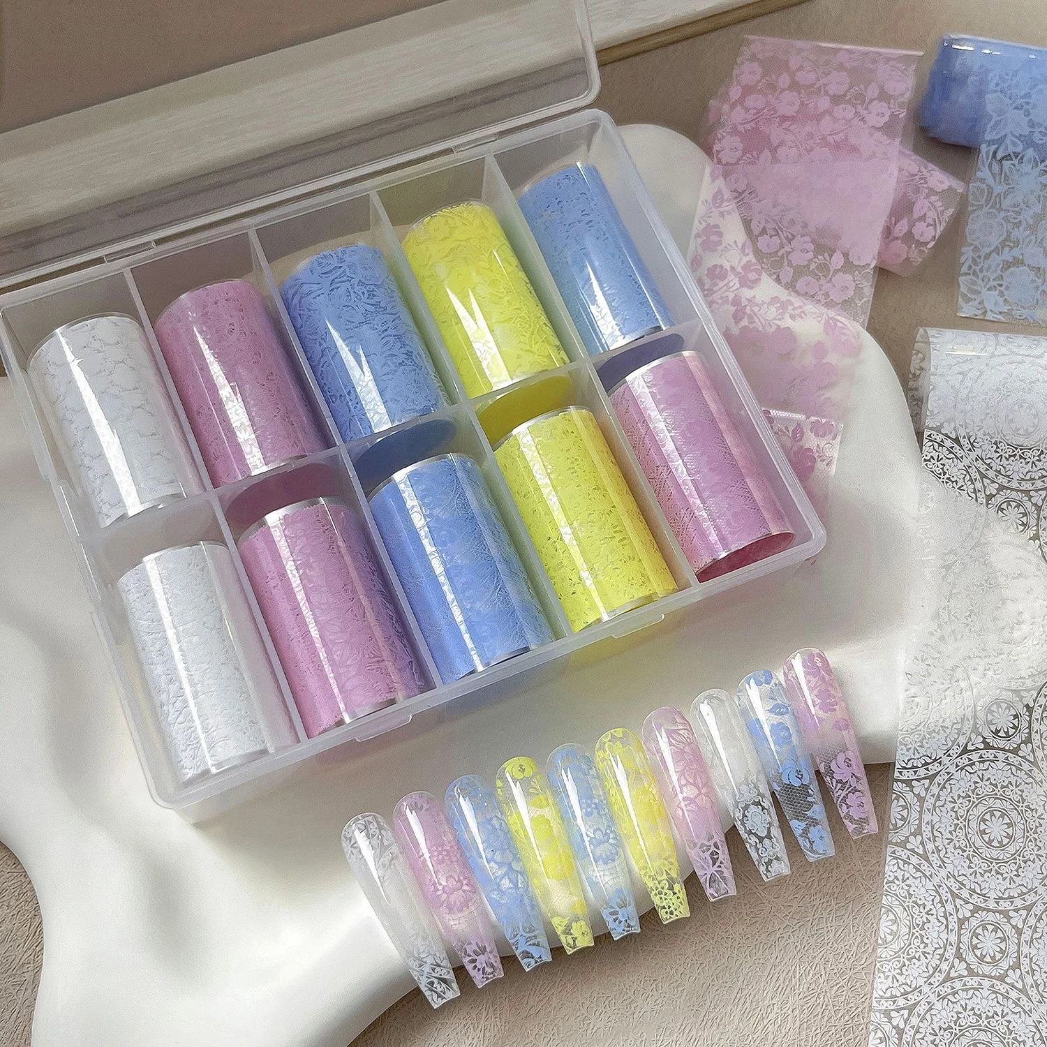 10 Rollen Retro Bunte Spitzenfolien-Transfer-Nagelaufkleber Braun Blau Rot Hohle Spitzen-Nagelsticker Sternenhimmel-Folien Nagelaufkleber D4