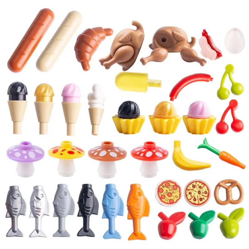 MOC City Food Building Blocks Mini Accessories Shopping Cart Apple Fish Hot Dog Ice Cream Chicken Pizza Figures Bricks Kit Toy view 3