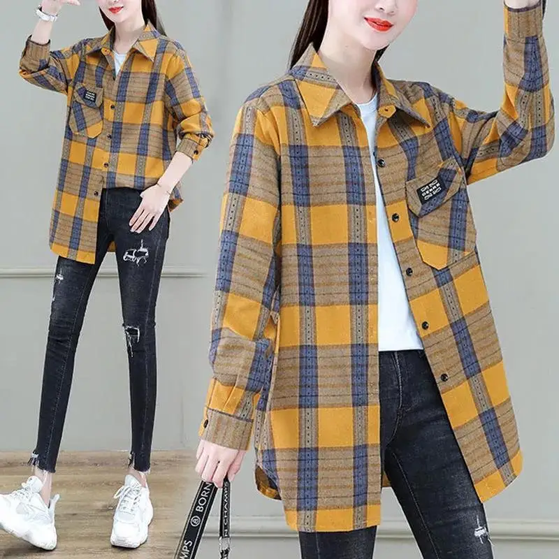 Spring Autumn New Street Casual Loose Plaid Blouse Long Sleeve Polo Neck All-match Shirt Tops Vintage Fashion Women Clothing