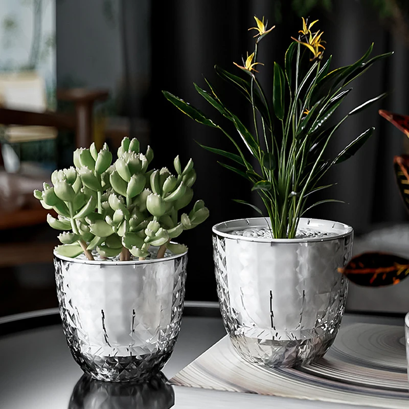 Self Watering Flowerpot Automatic Water Absorbing Flowerpot Transparent Double Layer Plastic  Plant Decorative Pot