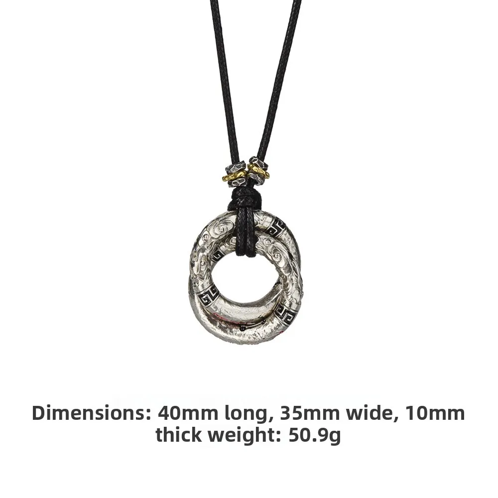 Traditional Chinese Taoist Auspicious Qiankun Circle Pendant Lucky Peace Blessing Engraved Pattern Double Hoop Necklace Unisex