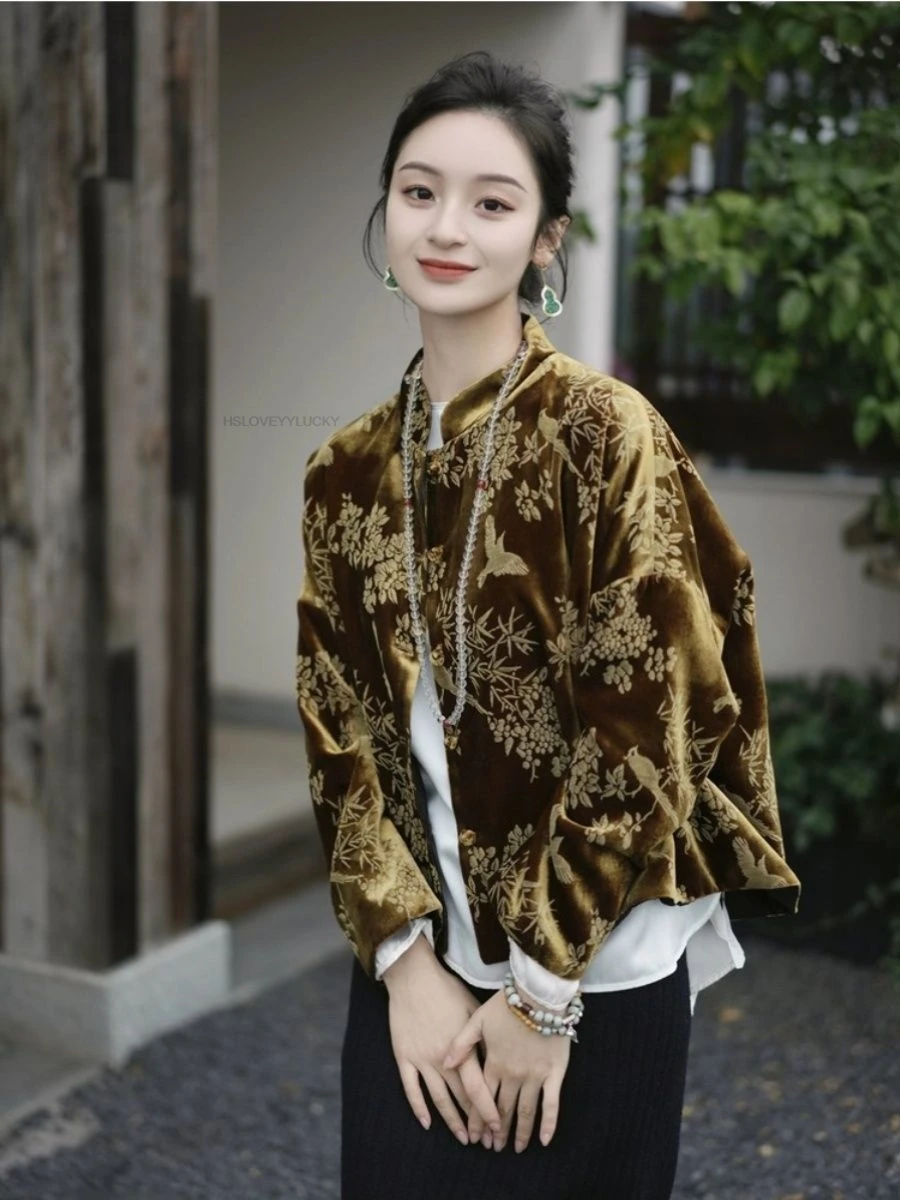 New Chinese Style Long Sleeved Jacquard Cardigan Summer Warm Loose Printing Versatile Retro Elegant Lady Tang Suit Top