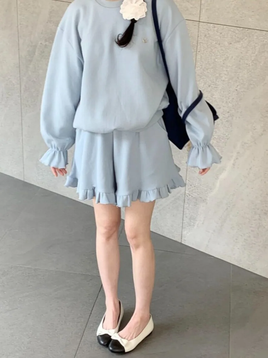 Chic Autumnal Sweet Youthful Bell Sleeve Hoodie High Waist Wooden  Casual Shorts Set Women's Fashion Korean Style Streetwear