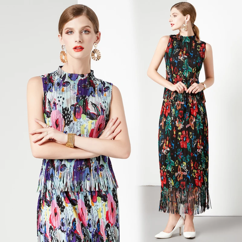 

Летняя плиссированная облегающая юбка миаке без рукавов с бахромой, Женский костюм с высоким воротником и высококлассным ретро-дизайном с иностранным принтом