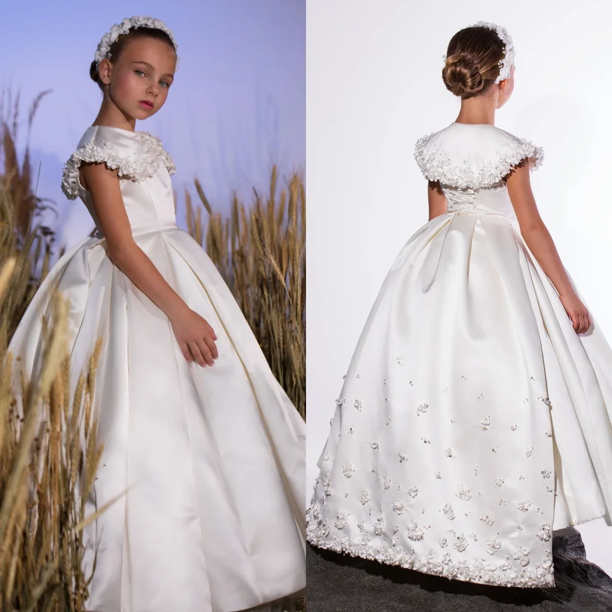 Custom White Satin Floral Appliques Flower Girl Dress First Christmas Dress Wedding Party Gown for Girls فساتين اطفال