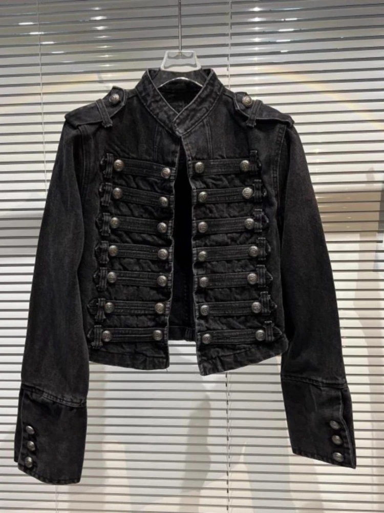 American Vintage Long Sleeve Cropped Denim Jacket Stand Collar Metal Double Breasted Denim Coat Bodycon Button Patchwork 2026 view 3