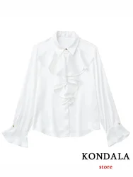 KONDALA Casual Elegant Women Blouse White Solid Ruffles Single Button Petal Sleeve Blouse Fashion 2023 Satin Women Tops