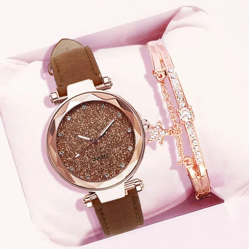 Reloj de pulsera de cuarzo negro Vintage con cinturón esmerilado y esfera redonda con diamantes de imitación y cielo estrellado plateado y rosa para mujer