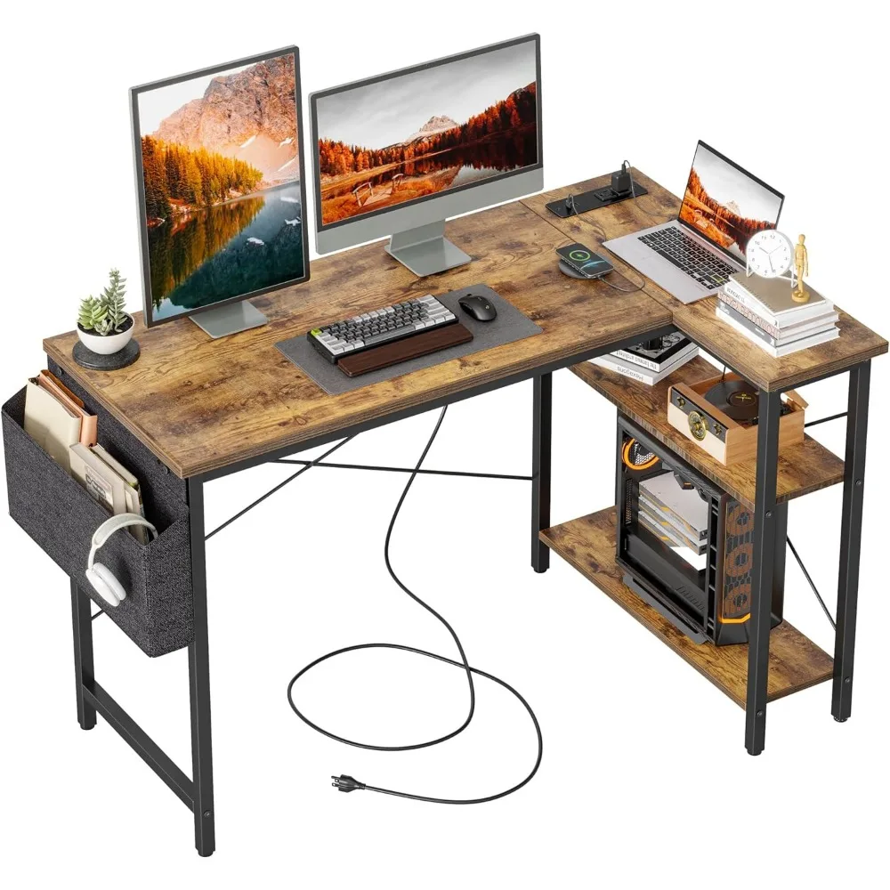 L-Shaped 55 Inch Corner Computer Desk with Power Outlets, Reversible Shelves for Small Spaces, Gaming and Office Use Desk