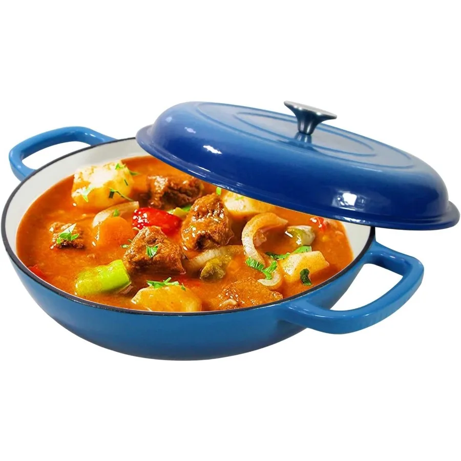 

Чугунная голландская духовка, горшок на 3,8 литра с крышкой, синяя сверхмощная фарфоровая эмалированная сковорода с двумя ручками, идеально подходящая для семейных еды Ou